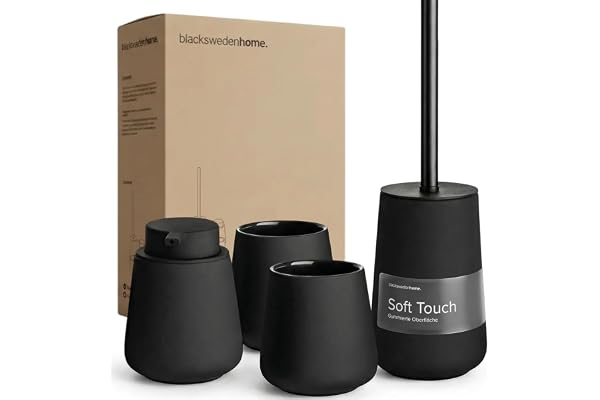 Black Sweden Home® badrumsset svart – tillverkad av keramik – tvåldispenser, tandborstkopp, toalettborste – svart matt – gummerad – badrumstillbehör dekoration arrangör – set om 4 delar