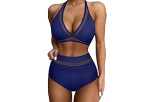 Yutdeng Bikinis Mujer Halter Cuello V Malla Bikini Push Up con Relleno Triangulo Bikini Braga Alta Reductores Barriga Biquini Trajes de Baño Bañador Mujer Dos Piezas Bikini Deportivo