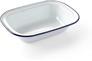 HENDI Piatto rettangolare, in acciaio smaltato bianco, con bordo blu, vassoio, fontana, teglia da forno, per campeggio, escursioni e picnic, 215x160x(H) 48mm