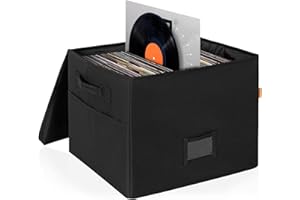 BQKOZFIN 12 Inch Vinyl Record Storage Bag with Lids & Handles, Album Storage Box Holds up 150+ Single Records, Collapsible LP Record Organizer Crate Protect Your Precious Album Collection (Large)