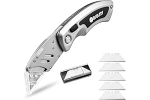 BIBURY Cutter Professionnel Pliant, Couteau de Poche Sablé avec 5 SK5 Lames Supplémentaire, Couteau Rétractable en Acier inoxydable fourni Bouton de Déclenchement et Poignée Ergonomique - Gris sablé