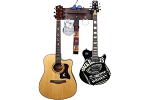 HILER PUNK Gitarrenwandhalterung,Massivholz-Gitarrenwandaufhänger mit 3 Aufbewahrungshaken und 2 drehbaren Gummi Gitarrenaufhängern,Gitarrenständer mit Ablage und Plektrum Halter für alle Gitarrengrößen