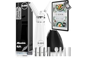 B-ARS Sifone Da Cucina Professionale 500ML In Alluminio BIANCO Con Bocchette Acciaio E Plastica Pulizia Facile Accessori Inclusi Per Spume Panna Montata Dolci E Salate Mousse Decorazioni
