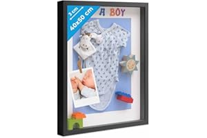 PHOTOLINI 3D cornice 40x50 cm nero, profonda con vetro e passe-partout, cornice per oggetti fino a 3 cm di profondità, legno MDF - perfetta per il fai da te e come regalo