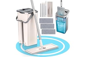 Dekohome Mopa con Cubo Escurridor con Compartimentos, Cabezal Plano y Flexible Rotación 360. Fregona Escurrefacil. Ideal para Limpiar Suelos, Paredes, Techos, Ventanas y Muebles, Incluye 3 Recambios