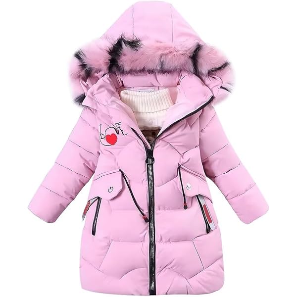 Linboo meisjes winterjas kinder wintermantel dikke gewatteerde jas lange warme parka katoenen jas outdoor mantel met bontcapuchon en Love Stick-print, rozerood, 128-134