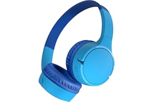 Bezprzewodowe słuchawki dla dzieci Belkin SoundForm Mini, wbudowany mikrofon, 30 h odtwarzania, z naklejkami – nauszne słuchawki do nauki zdalnej, szkoły, podróży, iPhone'a, iPada, Galaxy – niebieskie