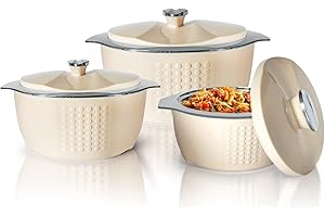 Nyra Jaypee Insulated Casserole Dishes with Lid | Serving Pot | Food Warmer | Thermal Pot for Food | Soup | Salad | Stainless Steel Food Container | Set of 3 | 1, 1.5, 2 Litre (Beige)