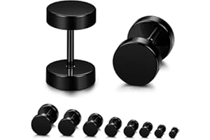 YADOCA 8 par czarnych kolczyków dla mężczyzn i kobiet ze stali nierdzewnej, hipoalergiczne, sztuczne hantle, sztanga, zestaw 3 mm - 10 mm, Stal nierdzewna