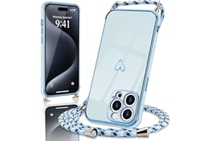 Micoden Handykette kompatibel mit iPhone 15 Pro hülle Ultra dünn Kameraschutz Herz Love Design Galvanik Silikon Bumper Case Kordel zum Umhängen Handyhülle mit Band Schutzhülle,Blau