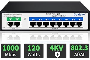 Goalake Switch Poe+ Gigabit 10 Ports, Switch Ethernet Gigabit Géré dans Le Cloud,8 Ports Poe à 120 W, 2 Gigabit Uplink, 802.3af/at, App Facile à Gérer, Détection Cloud, Vlan, Redémarrage Cloud, 250 M