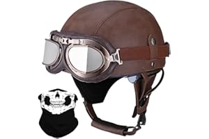 BYGMW Deutsche Leder Motorrad Halbhelme mit ECE, Vintage Helme mit Schutzbrille, Jethelm Retro, Chopper Helm, Scooter-Helm, Fahrradhelm, mit Sonnenblende und Herausnehmbares Innenfutter
