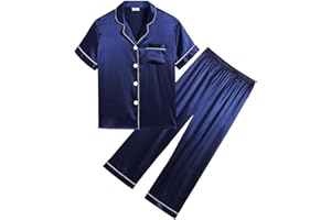 SWOMOG Girls Boys Silk Satin Pyjamas Set Button-Down PJs Two-Piece Lounge Sets Short Sleeve Sleepwear with Long Pants