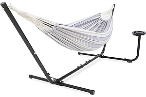 ‎VITA5 VITA5 podwójny bawełniany hamak ze stalowym stojakiem, z uchwytem na kubek, dla 2 osób, nośność 140 kg, 210 x 140, z torbą do przenoszenia