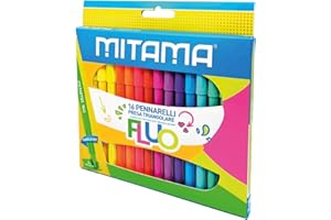 Mitama - Pennarelli Fluo Astuccio da 16 pennarelli - Colori Neon - Tappo anti soffocamento - Punta media 3 mm - Colori Scuola - Pastelli Astuccio Scuola