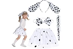 HONMOK 4 PCS Kids Dalmatian Costume, Dalmatian Dog Outfit Include Spotted Dog Ears Headband Tutu Dress Tail Bowtie, Dog Fancy Dress Costume for 3-10y Girls World Book Day Cosplay Party