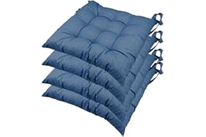 casaviva® Set 4 Cuscini Sedia 9 impunture con lacci Made in Italy lavorati a mano in 100% cotone stampato effetto lino imbottitura deluxe 7 cm (blue jeans)