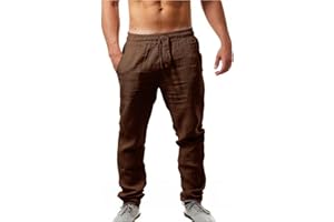 Dwevkeful Pantaloni Lino Uomo Estivi Casual Leggeri Larghi Pantalon Elastico in Vita Comodi Pantalone Yoga da Spiaggia con Tasche Loose Fit Pants Beige