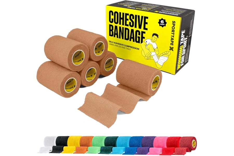 SPORTTAPE 6 Rolls Self-Adhesive Cohesive Bandage, 7.5cm x 4.5m, Beige - Compression & Vet Wrap for Dogs, Horses, Sports Stretch Tape for Football, Ankles, Joints, Fingers, Wrists & Sock Tape