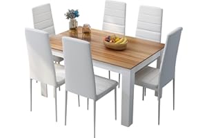 Mondeer Esstisch mit 6 Stühlen Set, Essgruppe mit Hochlehner Kunstleder Stuhl für Küche Esszimmer Wohnzimmer, W138 x D90 x H75 cm, Weiß und Eiche