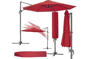 TecTake® Cantilever Garden Parasol 3m with 50+ UV Protection, Water-Repellent Fabric, 360 Degree Rotation, 6 Tilting Angles, Hand Crank - Sun Umbrella Inc. Protective Cover - for Outdoors - Burgundy