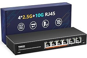 6 Port 10G Ethernet Switch Unmanaged, 4 x 2.5G Base-T Ports, 2 x 10Gb RJ45 Ports, Compatible with 100/1000/2500Mbps, Metal Fanless, VLAN, YuanLey 2.5Gbe Network Switch for 2.5G/10G NAS, Wireless AP