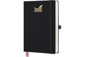 BEZEND Agenda 2026 Día por Página A5 (15,5 x 21 cm), Agenda Diaria de Ene a Dic 2026, Día Vista con Dos Columnas, Portabolígrafo, Tapa Dura en Cuero PU - Negro