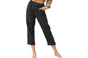 Yutdeng Pantalones Lino Mujer Verano Ligeros Pantalones de Verano 3/4 Casual Pantalones Anchos con Bolsillos Cintura Alta Elástica Pantalones de Playa Algodón Lino Pantalones Suelto