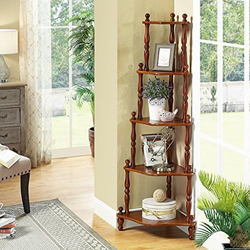 Bedroom Corner Floor Bookshelf Living Room TV Wall Solid Wood Decoration Rack 5 Tiers Wall Angle Flower Rack Trapezoidal Storage Rack ( Color : Walnut color )