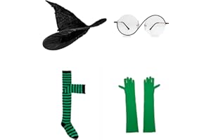 FVCENT Witch Hat Set Glasses Green Gloves Striped Knee High Socks Costume Accessories Movie Halloween Carnival Cosplay Party Props