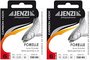 STMK Spar-Set: 2 Packungen JENZI gebundene Forellenhaken (20 Stück) r Mono, 60cm Hakengröße 4, 6, 8, 10 & 12 je nach Auswahl + gratis Petri Heill! Aufkleber