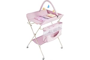 Warmiehomy Baby Changing Table, Foldable & Mobile Diaper Changing Station with Wheels, 3-Level Height Adjustable, Dual-Layer Storage (Box & Shelf) Multi-Functional for Newborn & Infant Pink