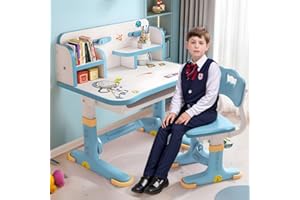 IONDELCE Kinder Schreibtisch und Stuhl Set, höhenverstellbar Kinder Studie Tisch Stuhl Set mit Astronaut Muster, Ergonomische Schreibtischstuhl mit großen Schreibtafel, Bücherregal und Schublade (Blau B)