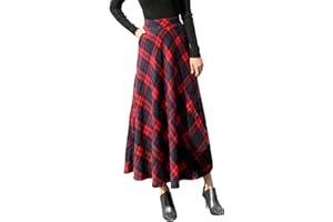 Sanahy Womens High Elastic Waist Maxi Skirt A-line Plaid Winter Warm Flare Long Skirts Vintage Wool Skirt Midi Skirt with Pockets
