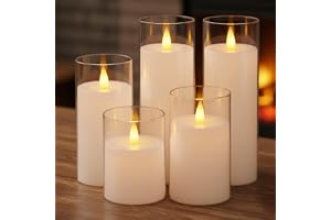 coku Set of 5 Flameless LED Pillar Candles with Acrylic Glass Holders, Realistic Flickering Moving Flame, Battery Operated, Smokeless Safe Decorative Candles Gift for Home, Wedding, Diwali, Christmas