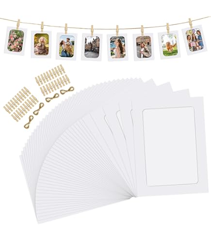 Kit 40 Cadres Photo En Papier + Cordes Jute - DIY Déco Murale, Fête, Anniversaire - Blanc, 15,5x11,5 Cm