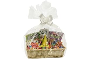 H-line Make Your Own Hamper Kit - Large Rectangle Wicker Basket Cellophane Wood Shred Bow Set (Natural) - Ideal for Christmas/Easter/Newborn Gift Hamper