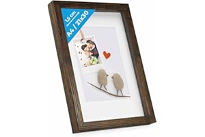 PHOTOLINI 3D Marco de fotos A4 21x30 cm para rellenar, roble oscuro, marco con profundidad para objetos de hasta 1,5 cm, madera MDF con paspartú y cristal - para manualidades y como regalo