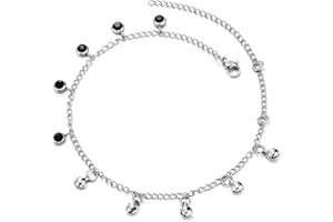 COOLSTEELANDBEYOND Donna Acciaio Inossidabile Collegamento Chain Cavigliera con Pendenti Campana e Nero Zirconi Cerchio Charms