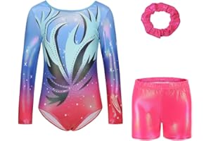 Kiscorpse Gymnastics Leotard for Girls, Long Sleeve/Sleeveless Sparkle Dance Ballet Leotards Athletic Dancewear for Girl Pink & Purple & Blue Gradient Sparkly Dancing Costume for 5-12 Years