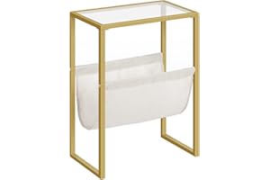 ‎HOOBRO HOOBRO Beistelltisch Schmal, Goldfarbener Nachttisch mit Zeitschriftenschlinge aus Stoff und Glasplatte, Geeignet für Kleine Räume EGD66BZ01