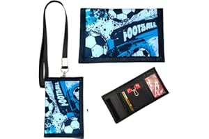 SIRLOMU Cartera Niño, Monedero Niño Niñas, Cartera Juvenil Triple Plegable con Llavero y Cordón para el Cuello, Diseño de Fútbol, Ideal para Regalo Escolar y Regalos de Cumpleaños (Azul)