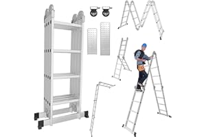 Joparri Escalera multiusos de 4 x 4 peldaños, 4,7 m, de aluminio, con 2 placas de andamio y 2 ruedas, escalera plegable para el hogar, 16 peldaños, carga máxima de 150 kg