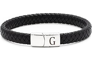 HAYOUWAY Mens Leather Bracelet Engraved Initial A-Z Gifts for Men Dad Him Boyfriend Son Braided Leather Bracelet with Stainless Steel Magnetic Clasp Valentines Anniversary Fathers Day Birthday Gifts