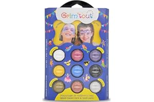GRIM'TOUT GRIM’TOUT Palette de maquillage de fête pour enfant et adulte, pour visage et corps, tous type de peau, 9 couleurs x 3ml + 1 éponge, 1 pinceau, 1 livret pas à pas - Thème Licorne