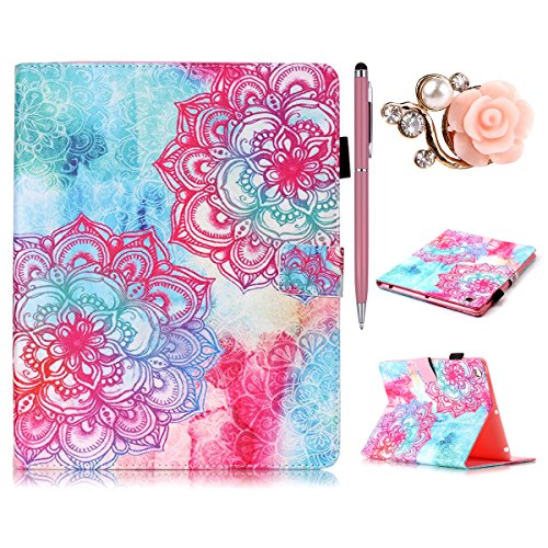 Felfy Tasche für iPad 2,iPad 4 Case,iPad 3 Handyhülle Luxe Flip PU Leder Tasche Slim Full Body Cute Cool Mode Cartoon Muster PU Case Magnetischen Flip Cover Etui Bumper Schutz Hülle Tasche für Apple iPad 2/3/4 (Rote Blume Tasche) + 1x Rosa Stylus + 1x Rosa Blume Dust Plug