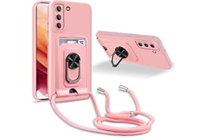 JMstore Handykette Schutzhülle Kompatibel mit Samsung Galaxy S21 Plus,360° Ring Ständer magnetisches Eisenblech+Kartenfach Kameraschutz Stoßfester Silikon hülle-Pink