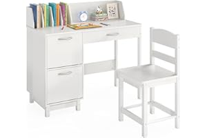 COSTWAY Kids Desk and Chair Set, Wooden Student Study Table with Drawer, Storage Cabinets & Tabletop Bookshelf, Children Writing Table Chair Set for 3-8 Years Old Boys & Girls (White)