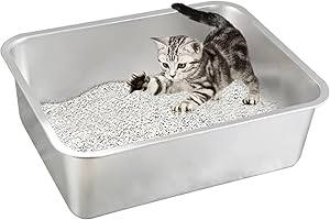 HOUSLUX Lettiera robusta per gatti non necessita di odori, antiruggine, superficie liscia, in acciaio inox, grande capacità per una facile pulizia (argento, 60 x 40 x 20 cm)