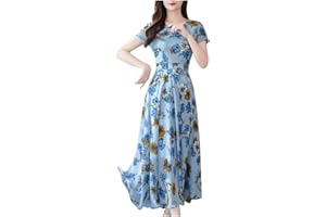 Zhsxertwy Midi Dresses for Women UK Elegant V Neck Short Sleeve Flowy Maxi Sundress High Waist Floral Print Summer Casual Party Ladies Swing Dress Long